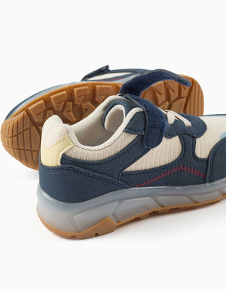 Light-up trainers with non-slip sole for boys, blue/beige/yellow