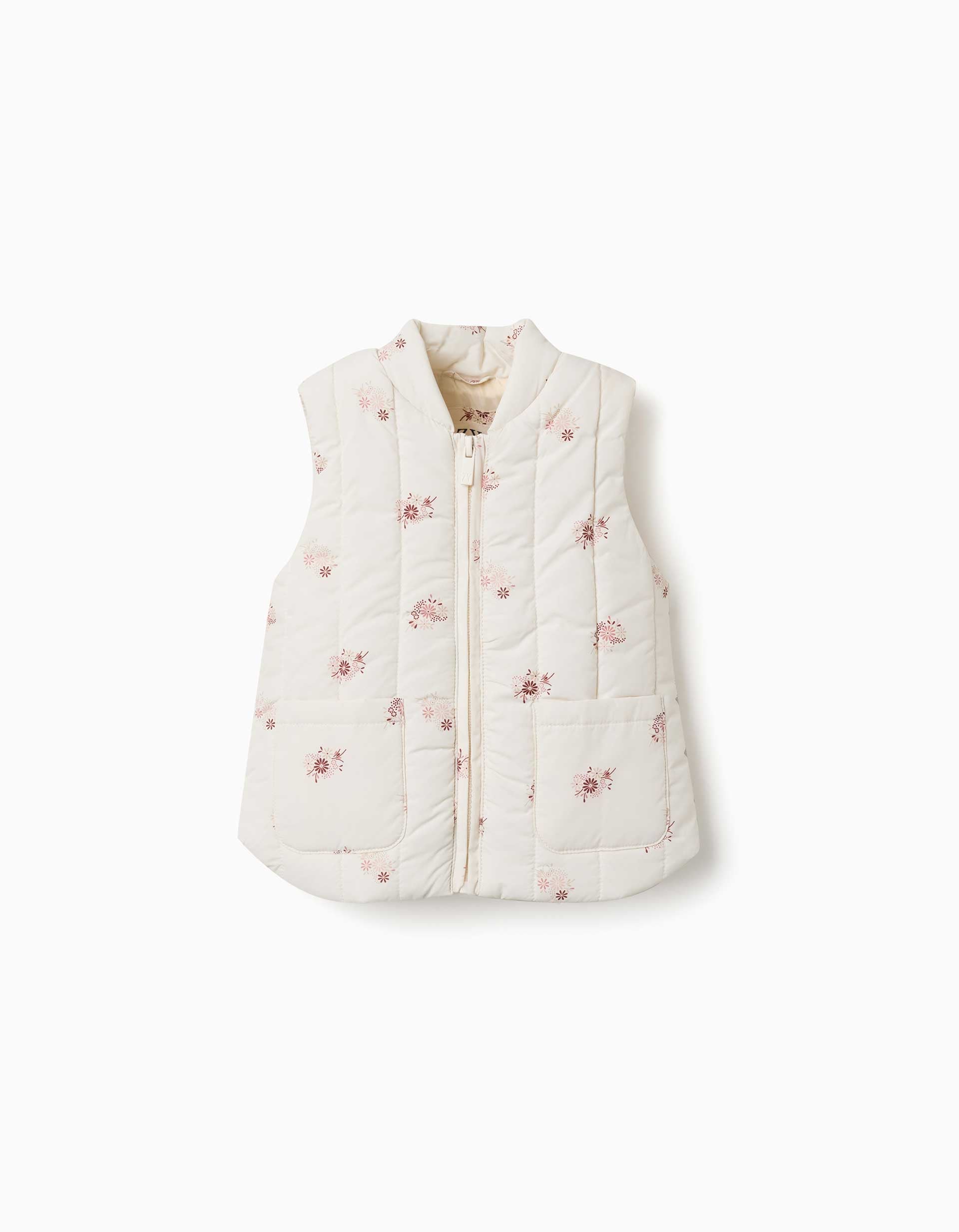 Chaleco acolchado con motivo floral y bolsillos para bebé niña, beige