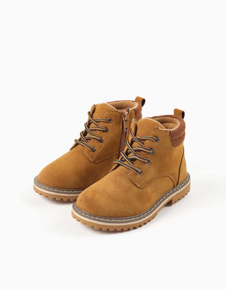 Botas em camurcina com cordões para menino, castanho-claro