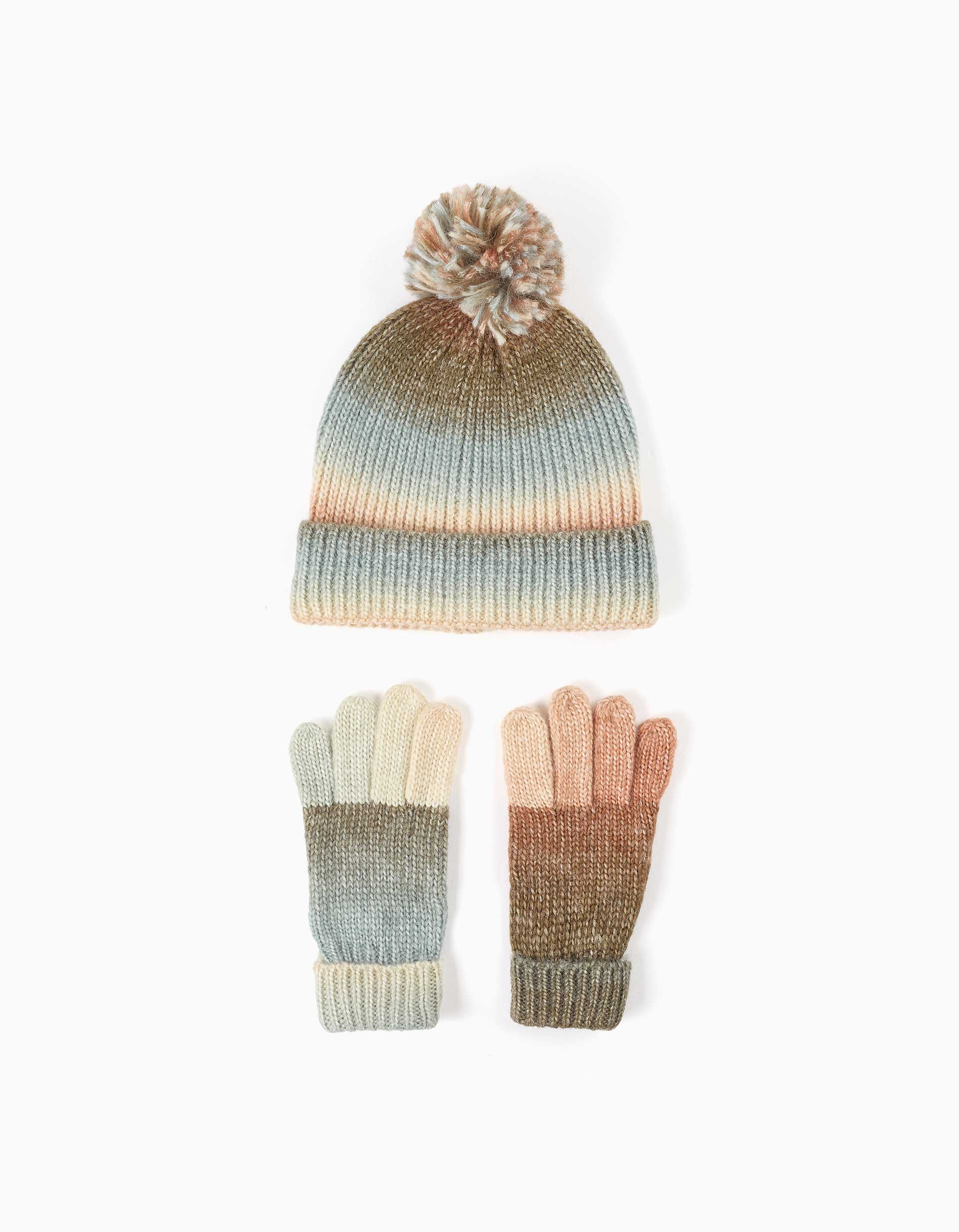 Knitted beanie and gloves with gradient effect for girls, multicolour