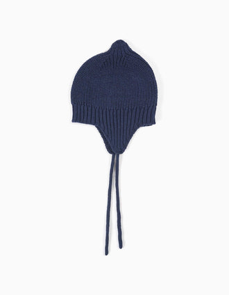 Gorro de punto con tirantes laterales para recién nacido, azul marino