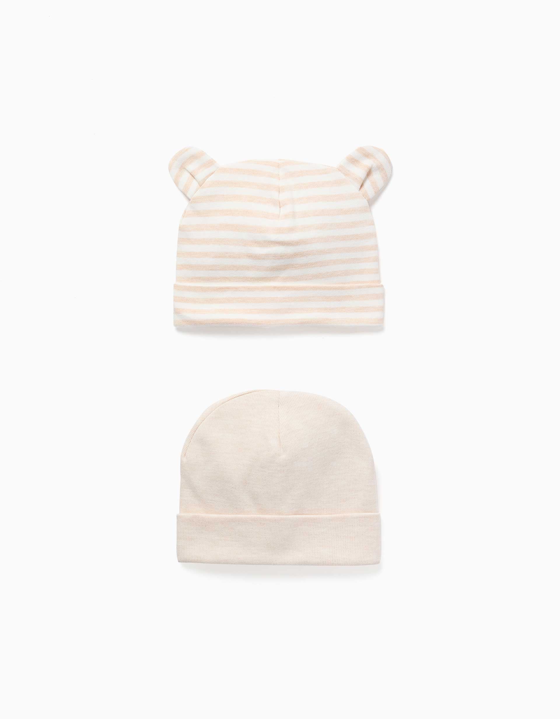 Pack de 2 gorros liso/às riscas para recém-nascidos, branco/bege-claro