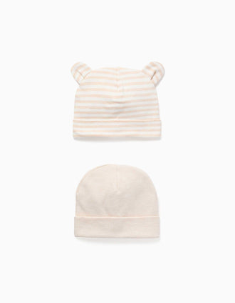 Pack de 2 gorros liso/às riscas para recém-nascidos, branco/bege-claro