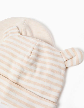 Pack de 2 gorros liso/às riscas para recém-nascidos, branco/bege-claro
