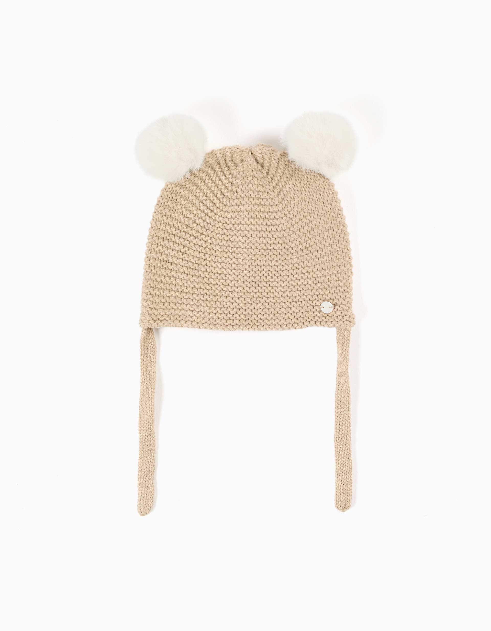 Gorro de punto con pompones y tirantes para recién nacidos, beige/blanco