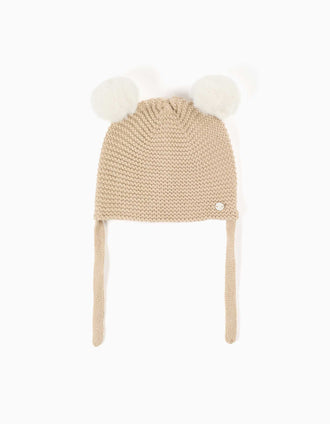 Gorro de punto con pompones y tirantes para recién nacidos, beige/blanco