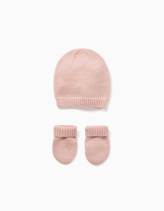 Conjunto de gorro + luvas de malha para recém-nascida, rosa-claro