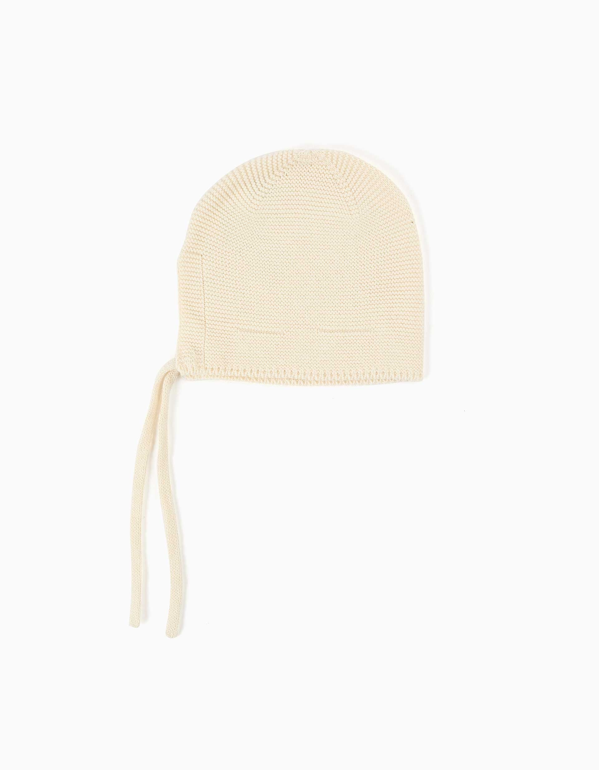 Knitted cotton bonnet with straps for newborns, light beige