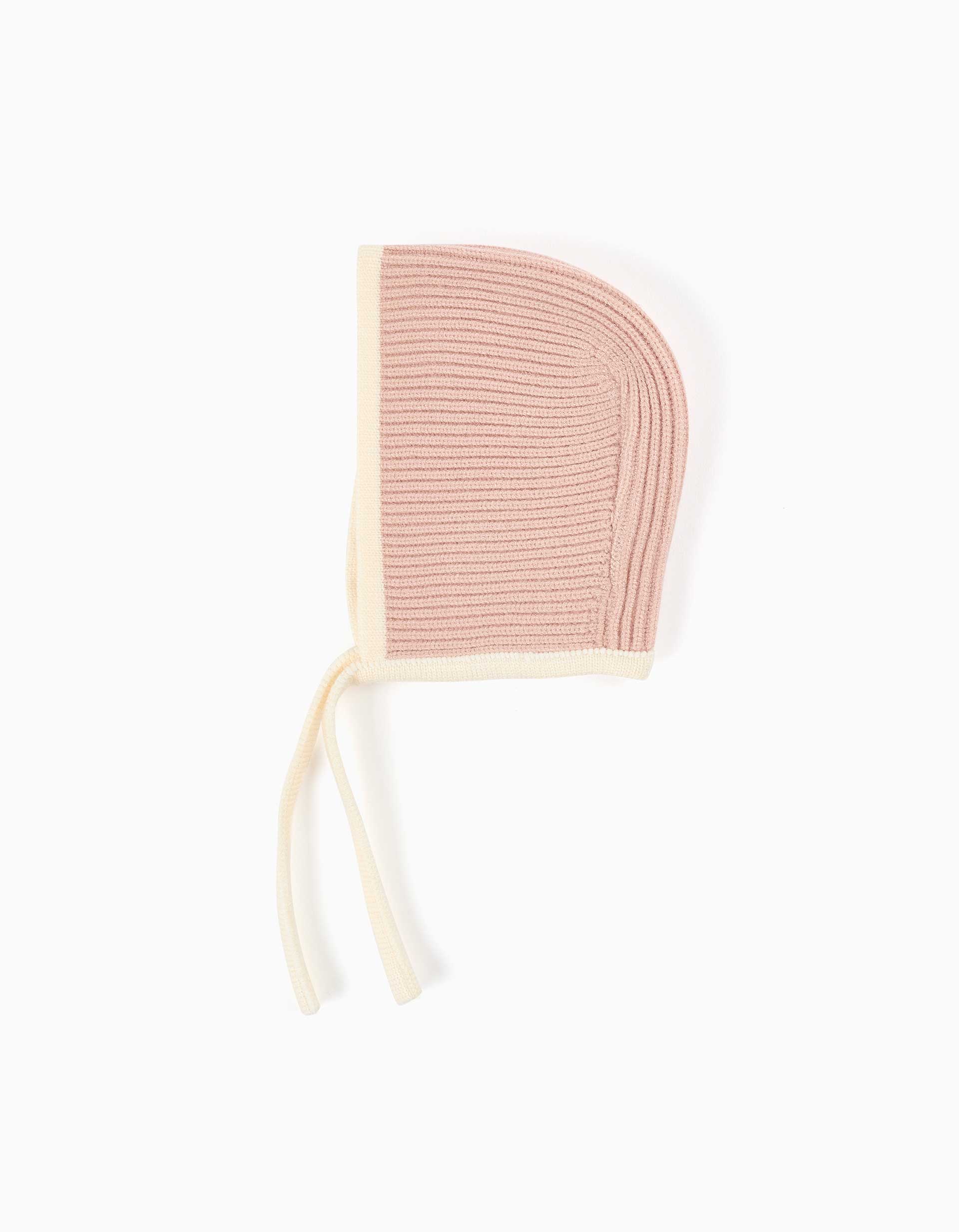 Ribbed knit bonnet with side straps for newborn girls, pink/white