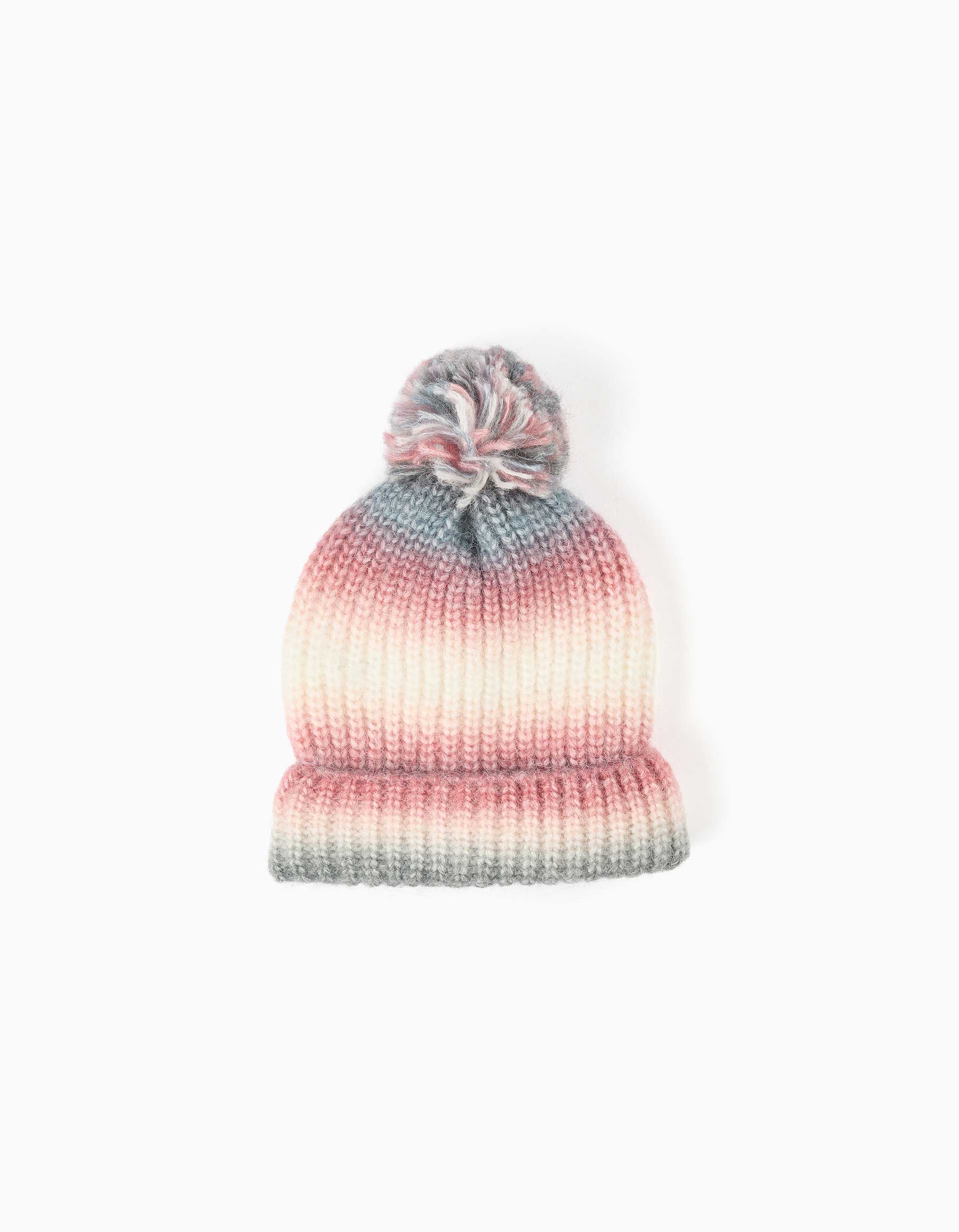 Knitted beanie with gradient effect and pompon for girls, multicolour