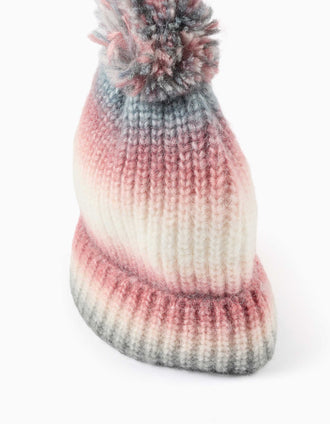 Knitted beanie with gradient effect and pompon for girls, multicolour