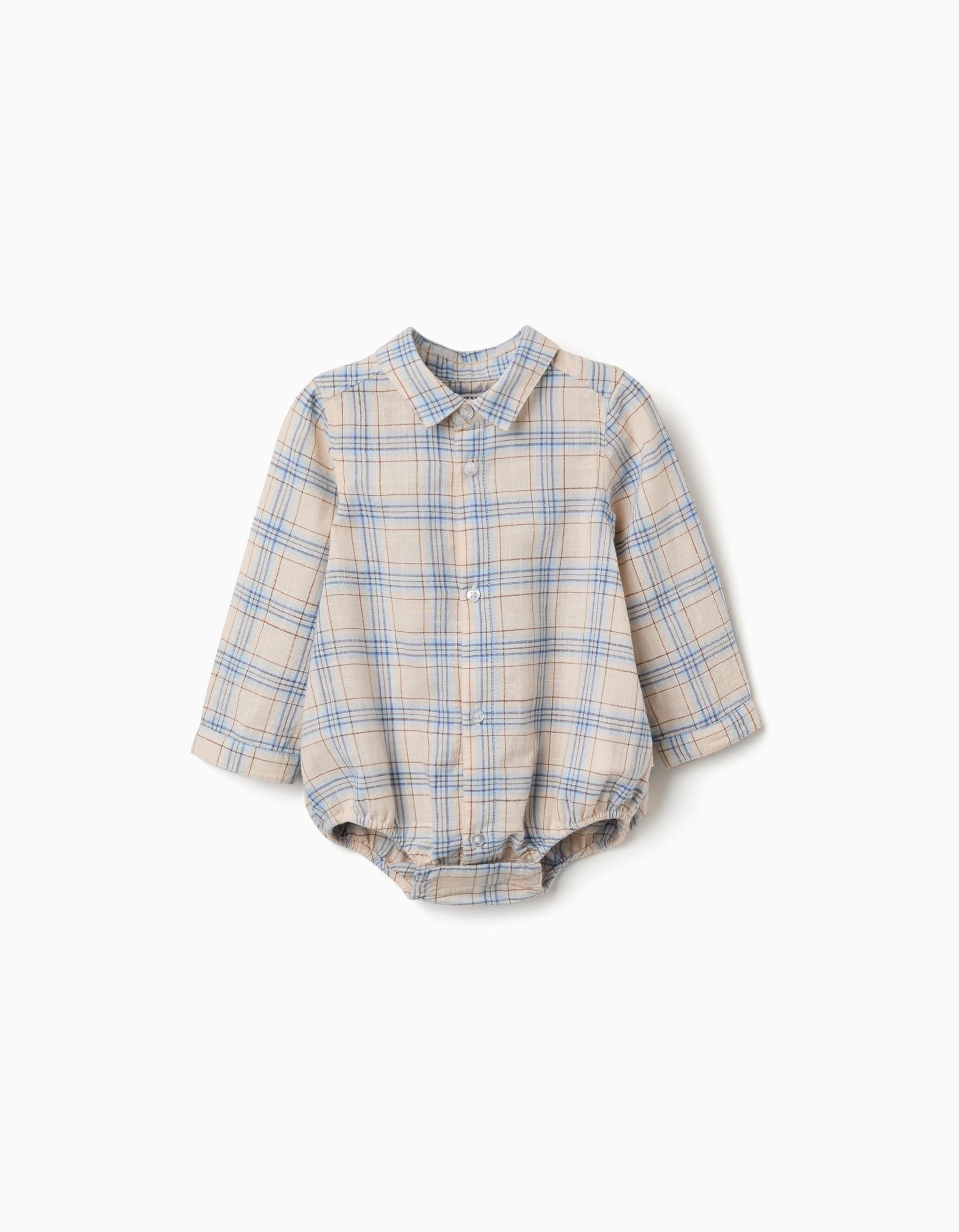 Body-camisa de algodão com padrão xadrez para recém-nascido, bege