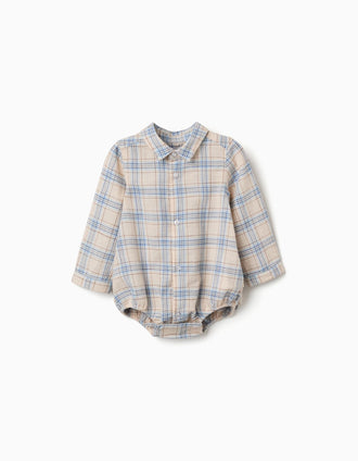 Body-camisa de algodão com padrão xadrez para recém-nascido, bege