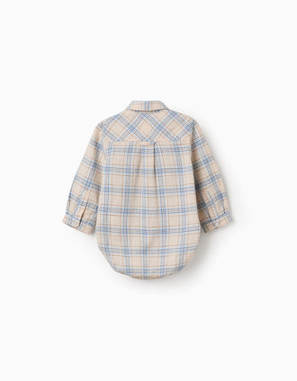 Body-camisa de algodão com padrão xadrez para recém-nascido, bege
