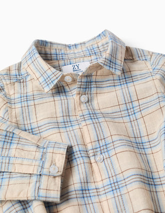 Body-camisa de algodão com padrão xadrez para recém-nascido, bege