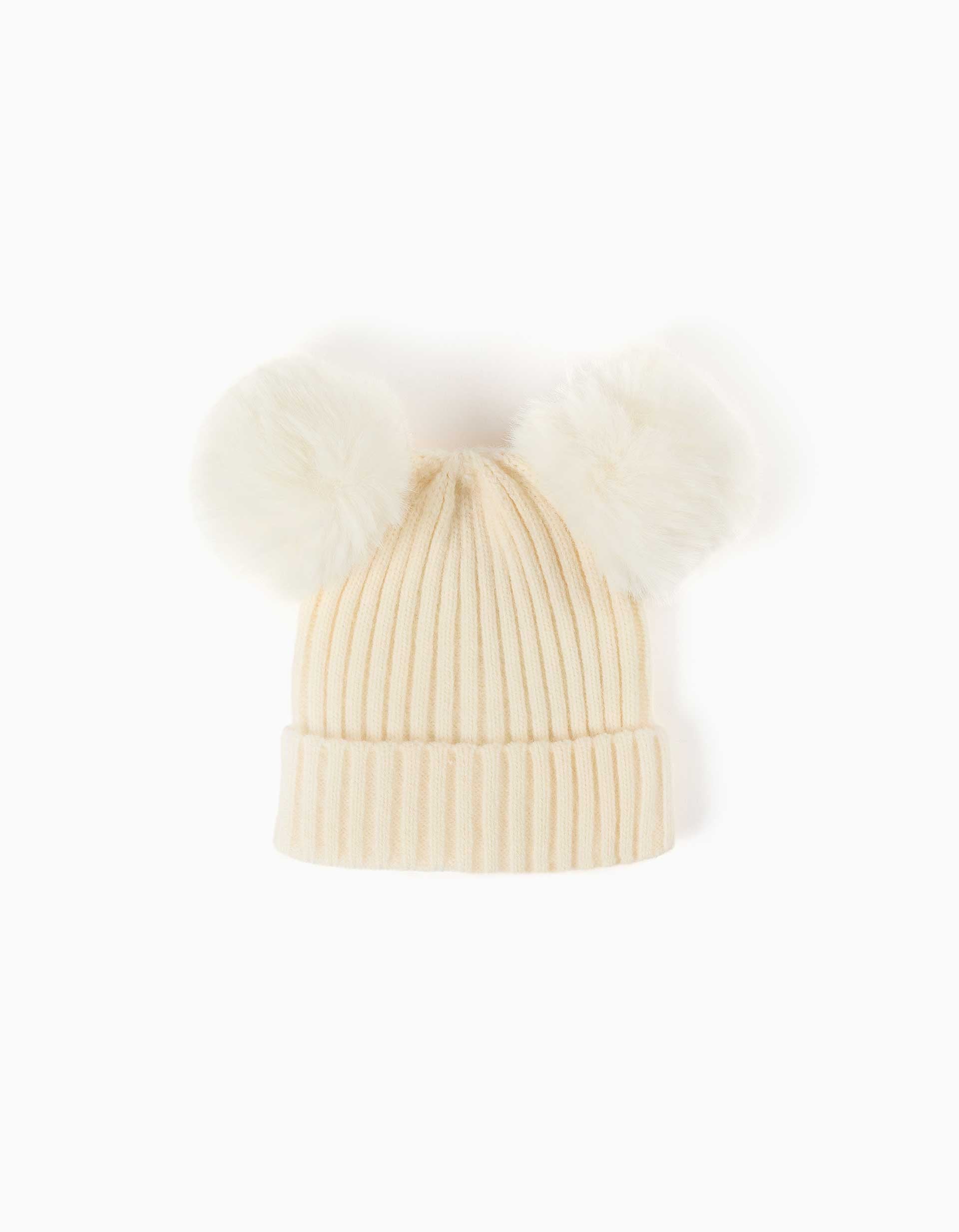 Gorro de punto acanalado con pompones para niña, blanco