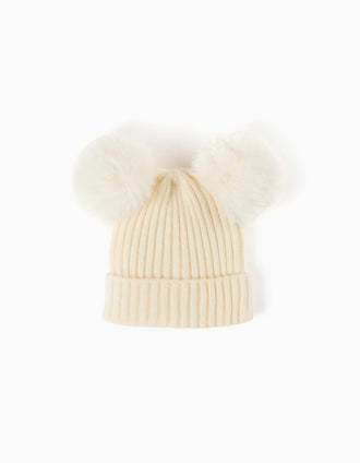 Gorro de punto acanalado con pompones para niña, blanco
