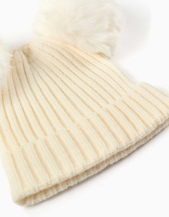 Gorro de punto acanalado con pompones para niña, blanco