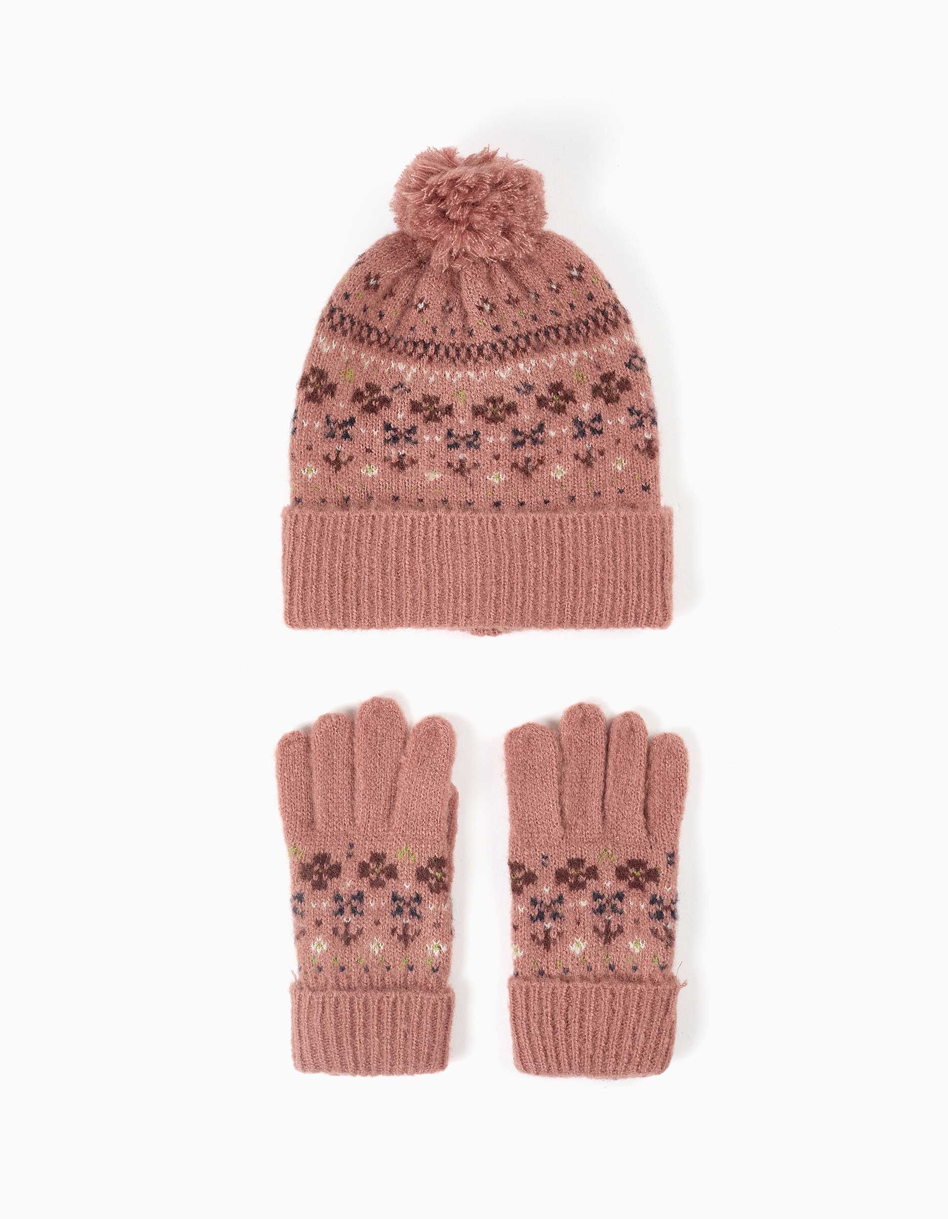 Knitted beanie and gloves set with jacquard for girls, pink