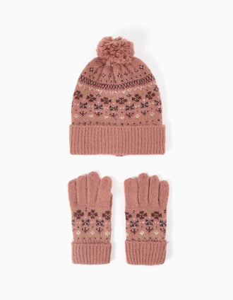Knitted beanie and gloves set with jacquard for girls, pink