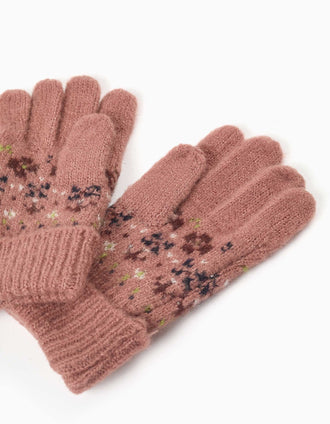 Knitted beanie and gloves set with jacquard for girls, pink