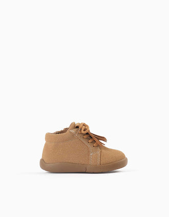 Barefoot ankle boots with laces and fringes for babies, light brown