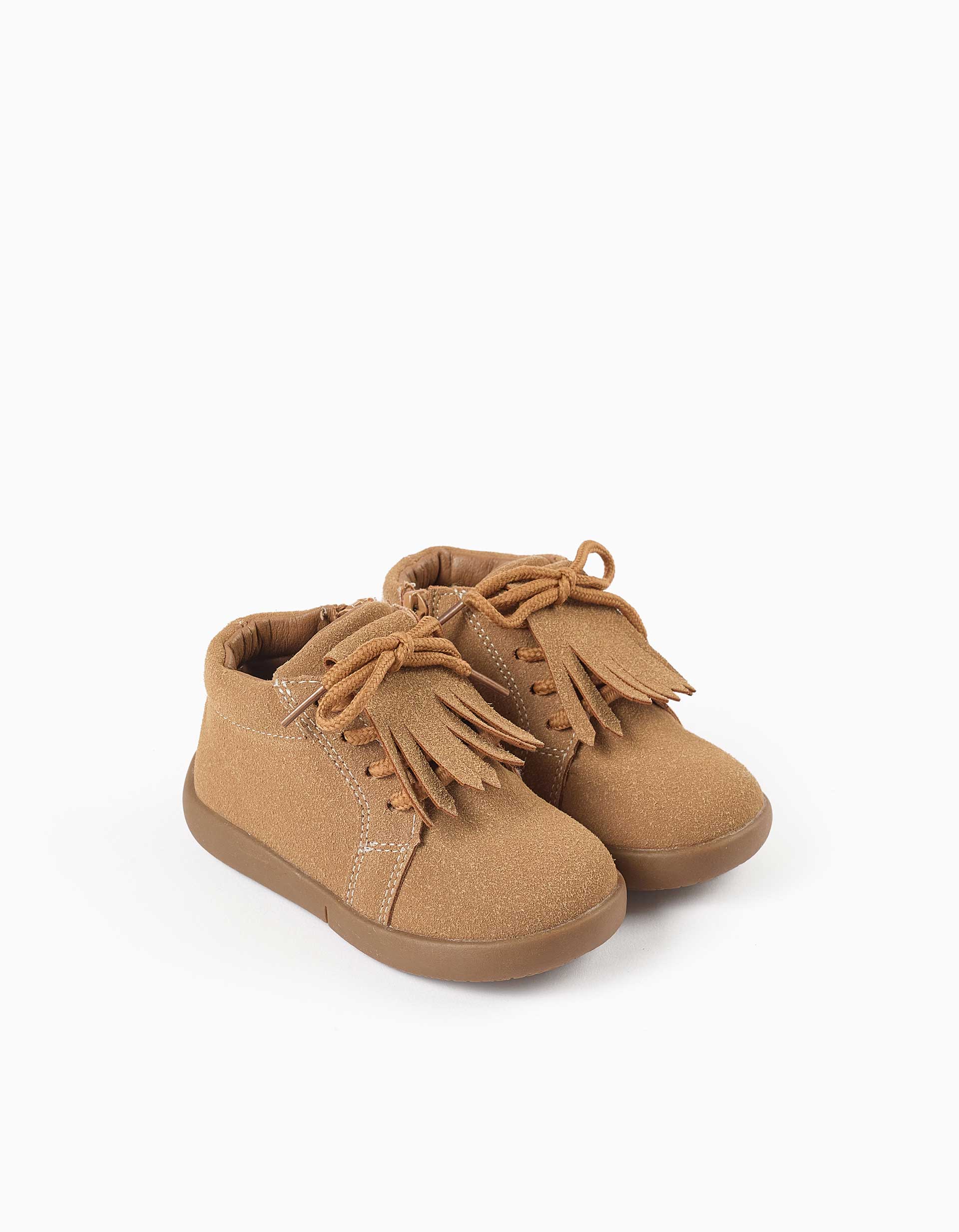 Barefoot ankle boots with laces and fringes for babies, light brown
