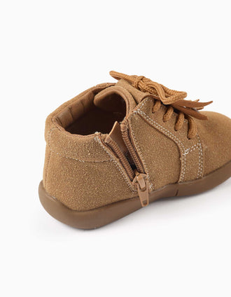 Barefoot ankle boots with laces and fringes for babies, light brown