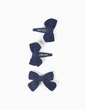 3 ganchos de cabelo com laços em bombazine para menina, azul-marinho