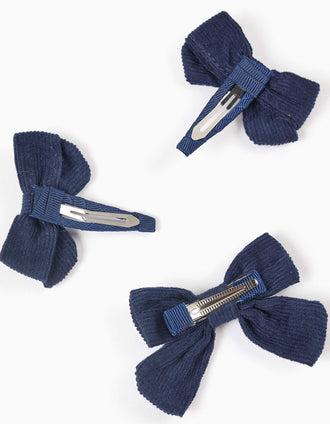 3 ganchos de cabelo com laços em bombazine para menina, azul-marinho