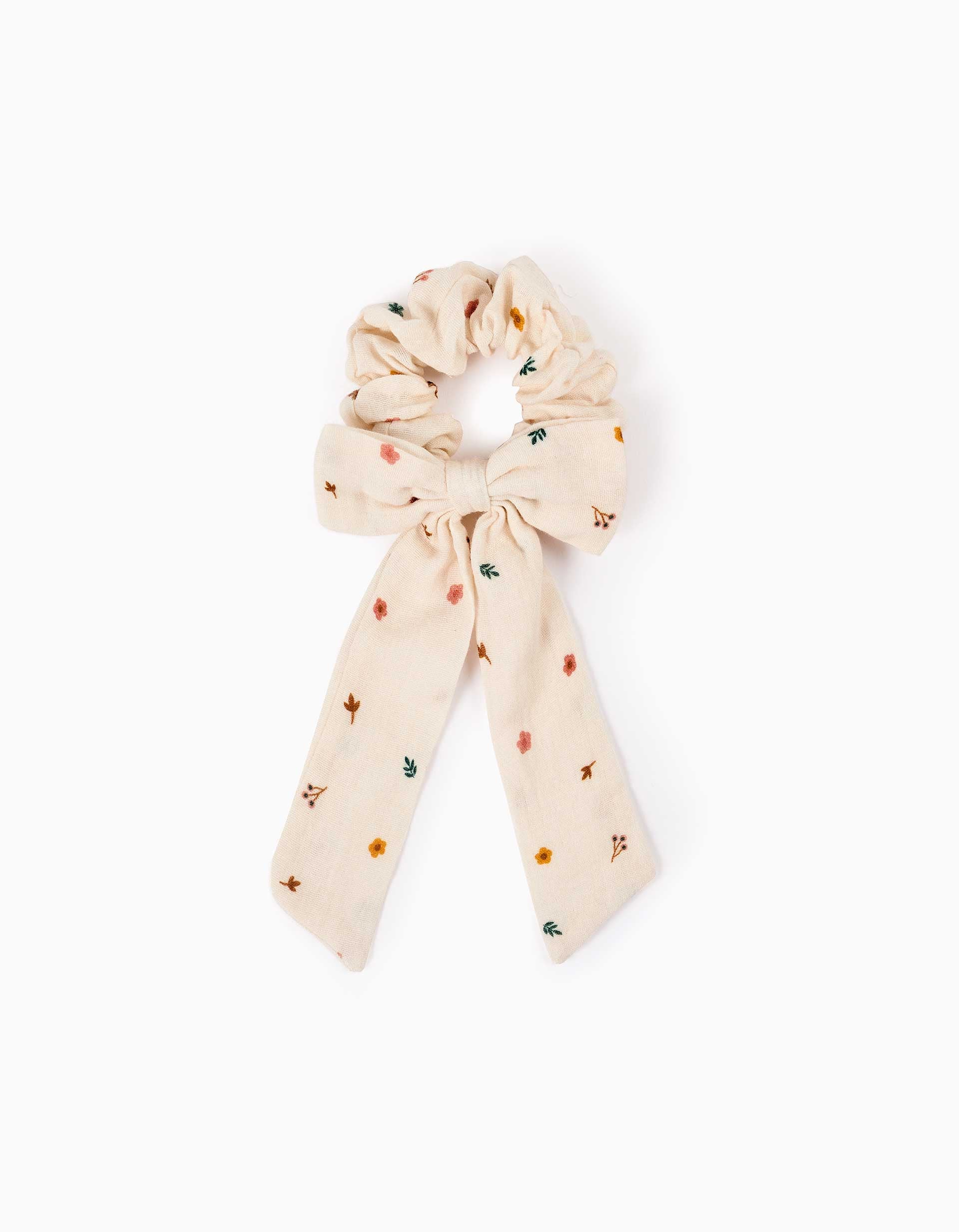 Scrunchie com laço e estampado floral para menina, branco