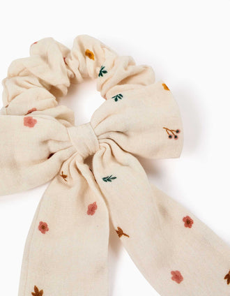 Scrunchie com laço e estampado floral para menina, branco