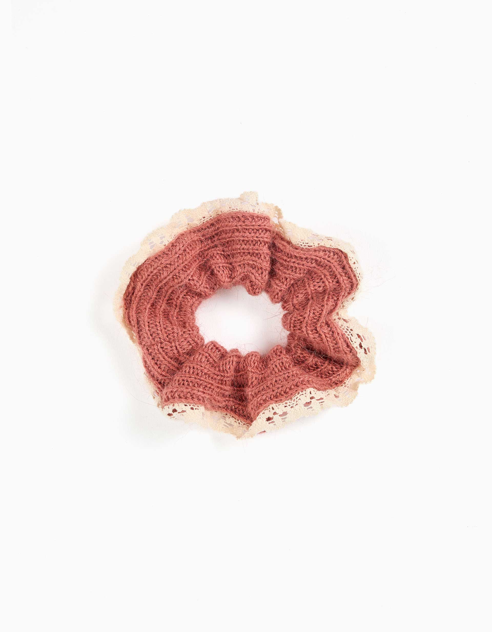 Scrunchie de malha com borda em crochê para menina, rosa-velho/branco