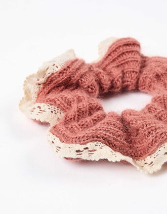 Scrunchie de malha com borda em crochê para menina, rosa-velho/branco
