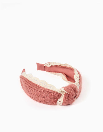 Bandolete em malha com borda em crochê para menina, rosa-velho/branco