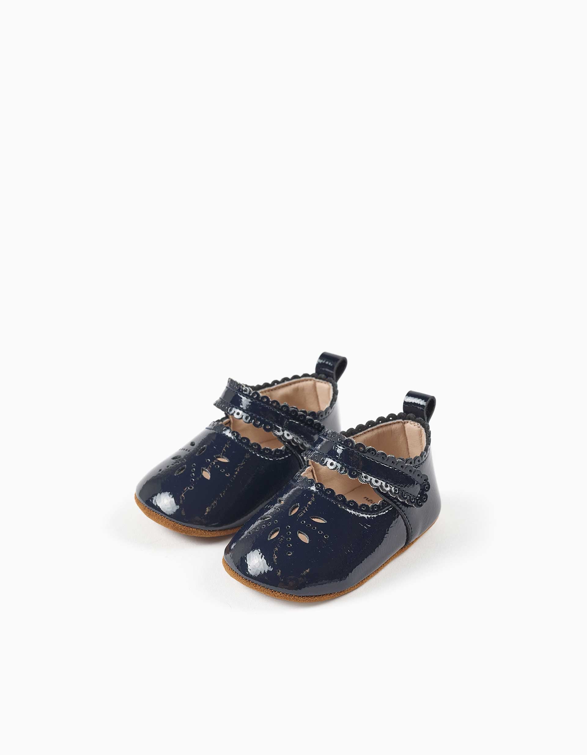 Sabrinas de verniz com tira autoaderente para recém-nascida, azul-marinho
