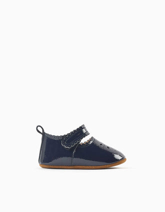 Sabrinas de verniz com tira autoaderente para recém-nascida, azul-marinho