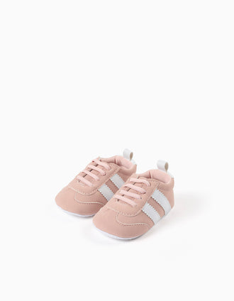 Pre-walker trainers with stripes for newborn girls, light pink/white