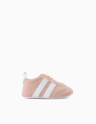 Pre-walker trainers with stripes for newborn girls, light pink/white