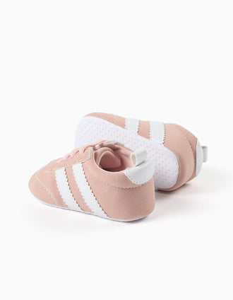Pre-walker trainers with stripes for newborn girls, light pink/white