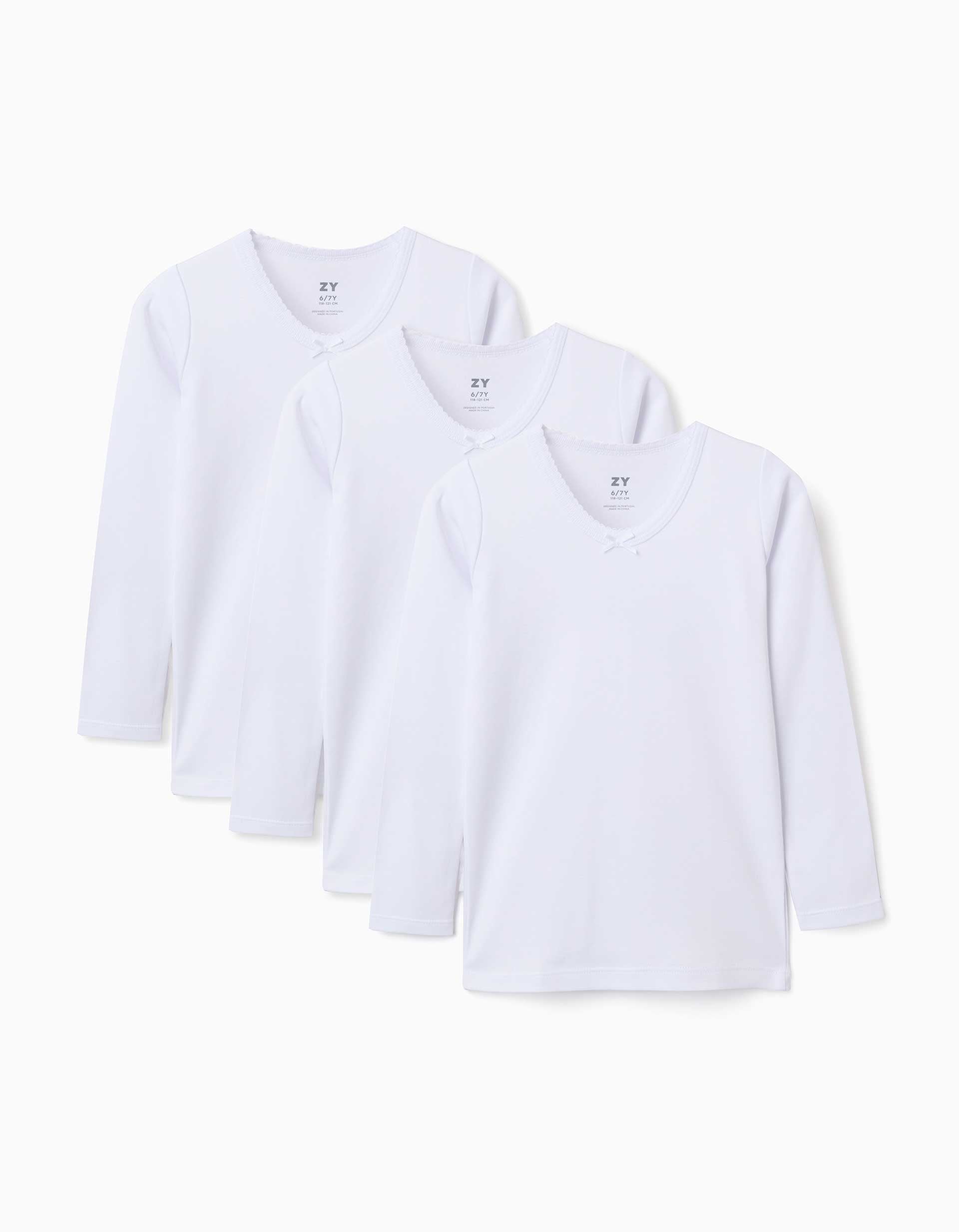 3 T-shirts maillot de corps à manches longues en coton pour fille, blanc