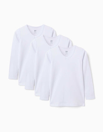 3 T-shirts maillot de corps à manches longues en coton pour fille, blanc