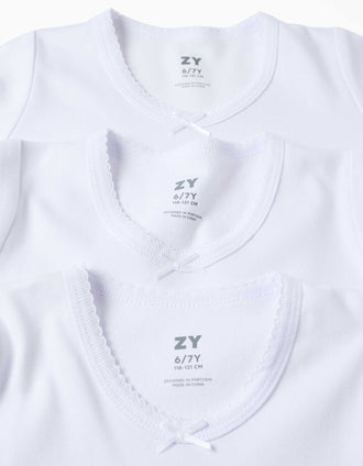 3 T-shirts maillot de corps à manches longues en coton pour fille, blanc
