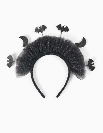 Serre-tête en tulle avec lunes et chauves-souris pour fille, noir