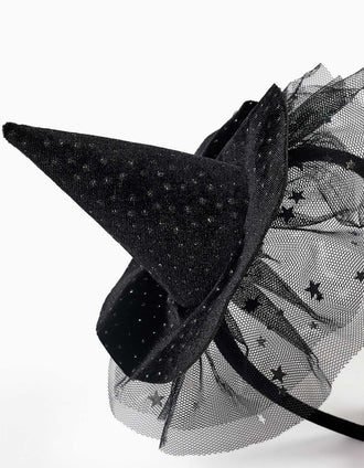 Serre-tête en velours avec chapeau de sorcière pour fille, noir