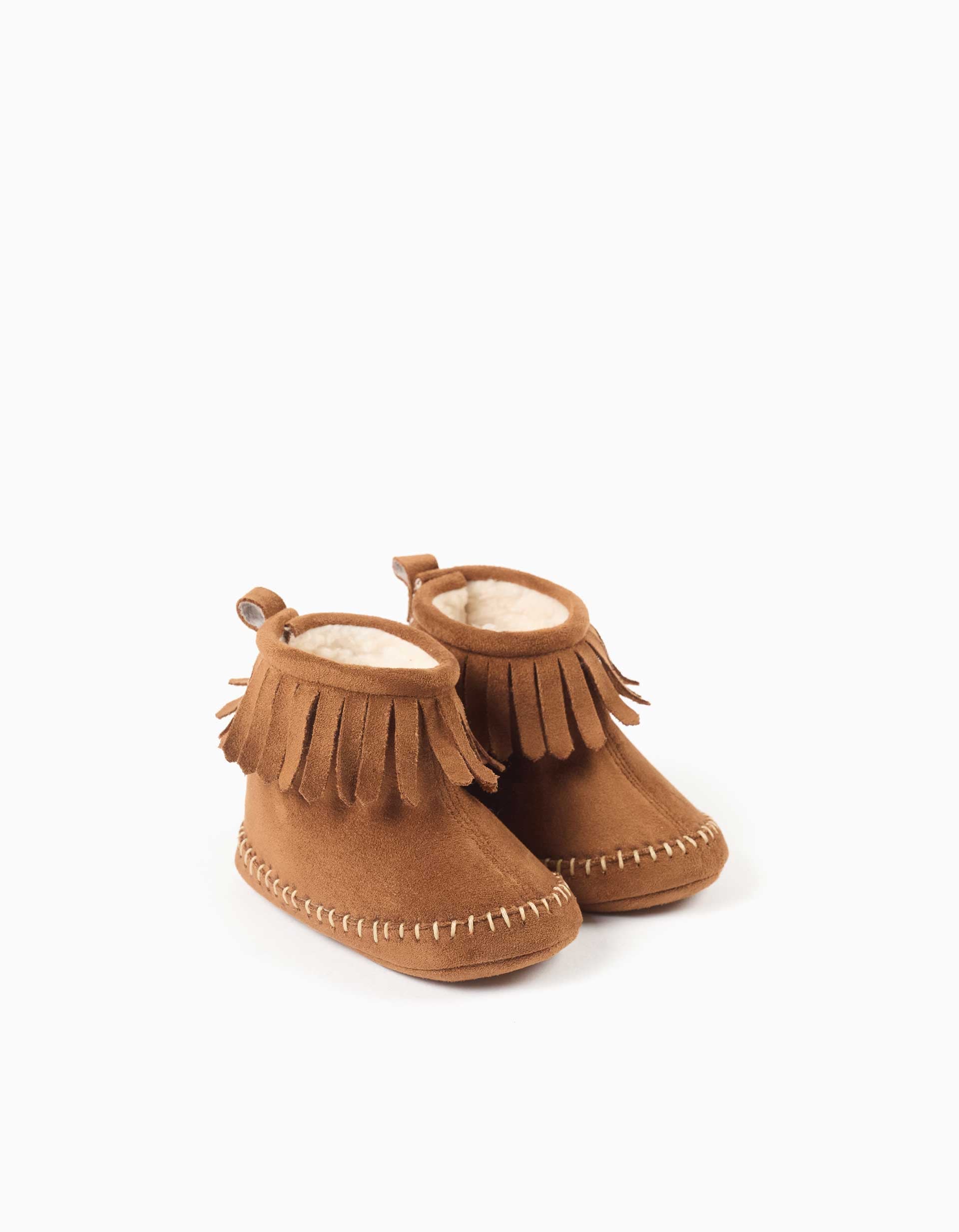 Pepitos con forro de pelo y flecos para recién nacida, camel
