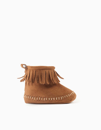Pepitos con forro de pelo y flecos para recién nacida, camel