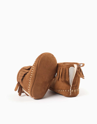 Pepitos con forro de pelo y flecos para recién nacida, camel