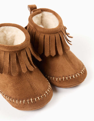 Pepitos con forro de pelo y flecos para recién nacida, camel