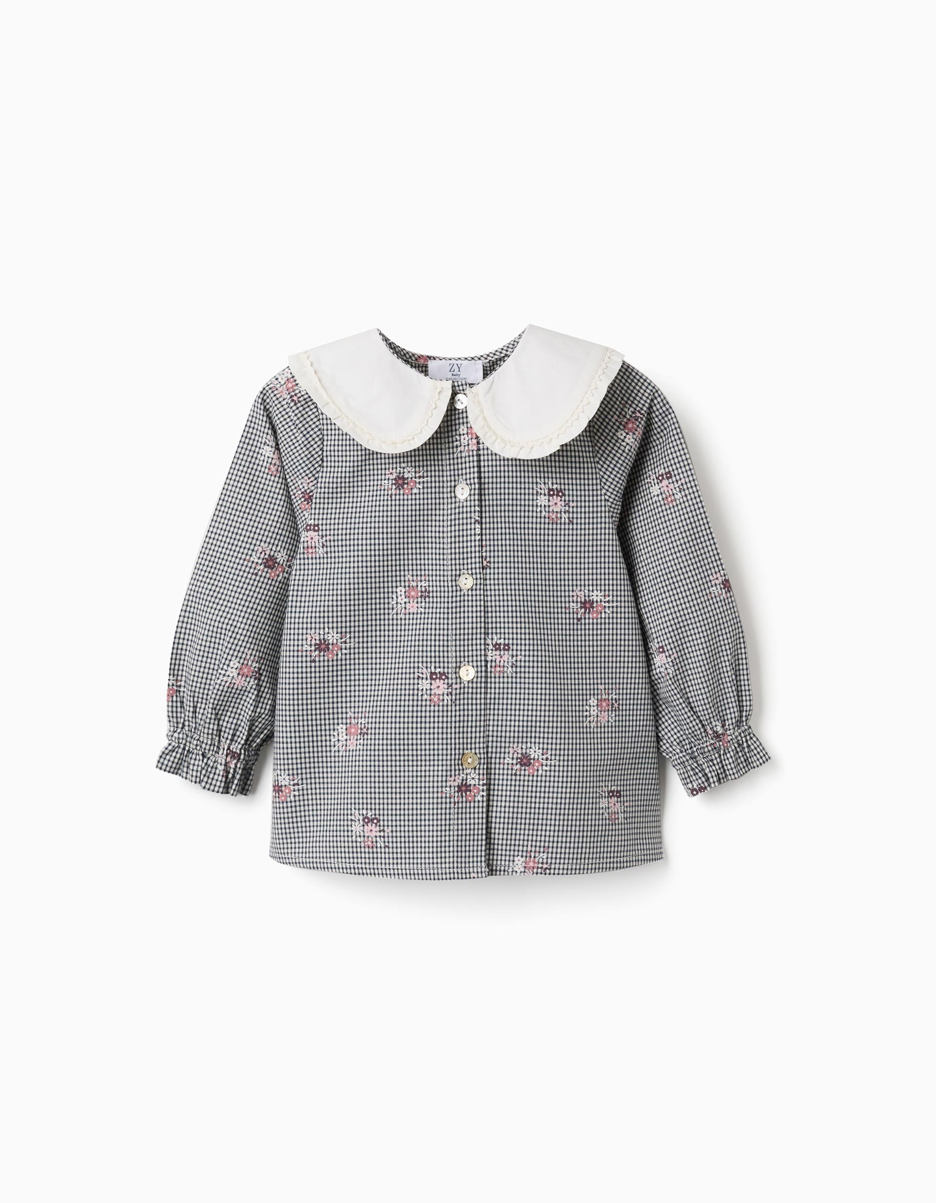 Camisa de algodón Vichy con flores para bebé niña, blanco/azul marino